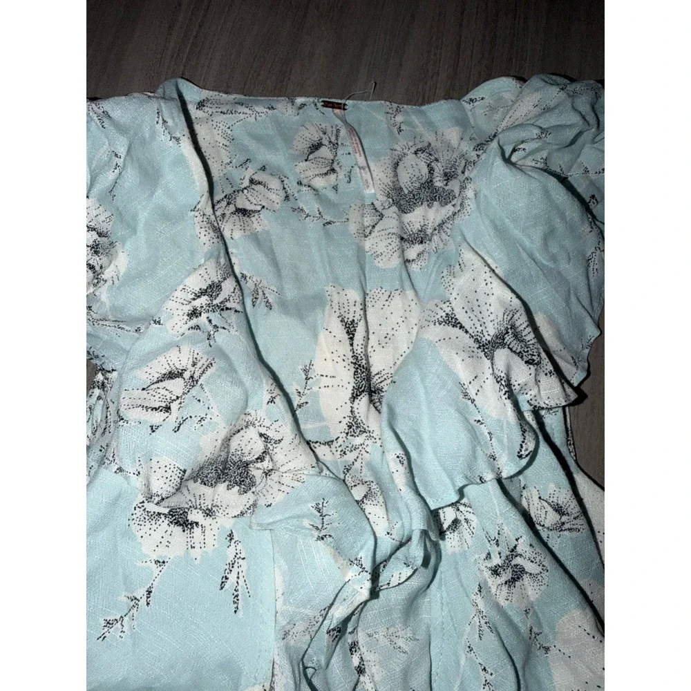 Free People French Quarter Wrap Dress Light Blue Floral Ruffle Mini Small CR5